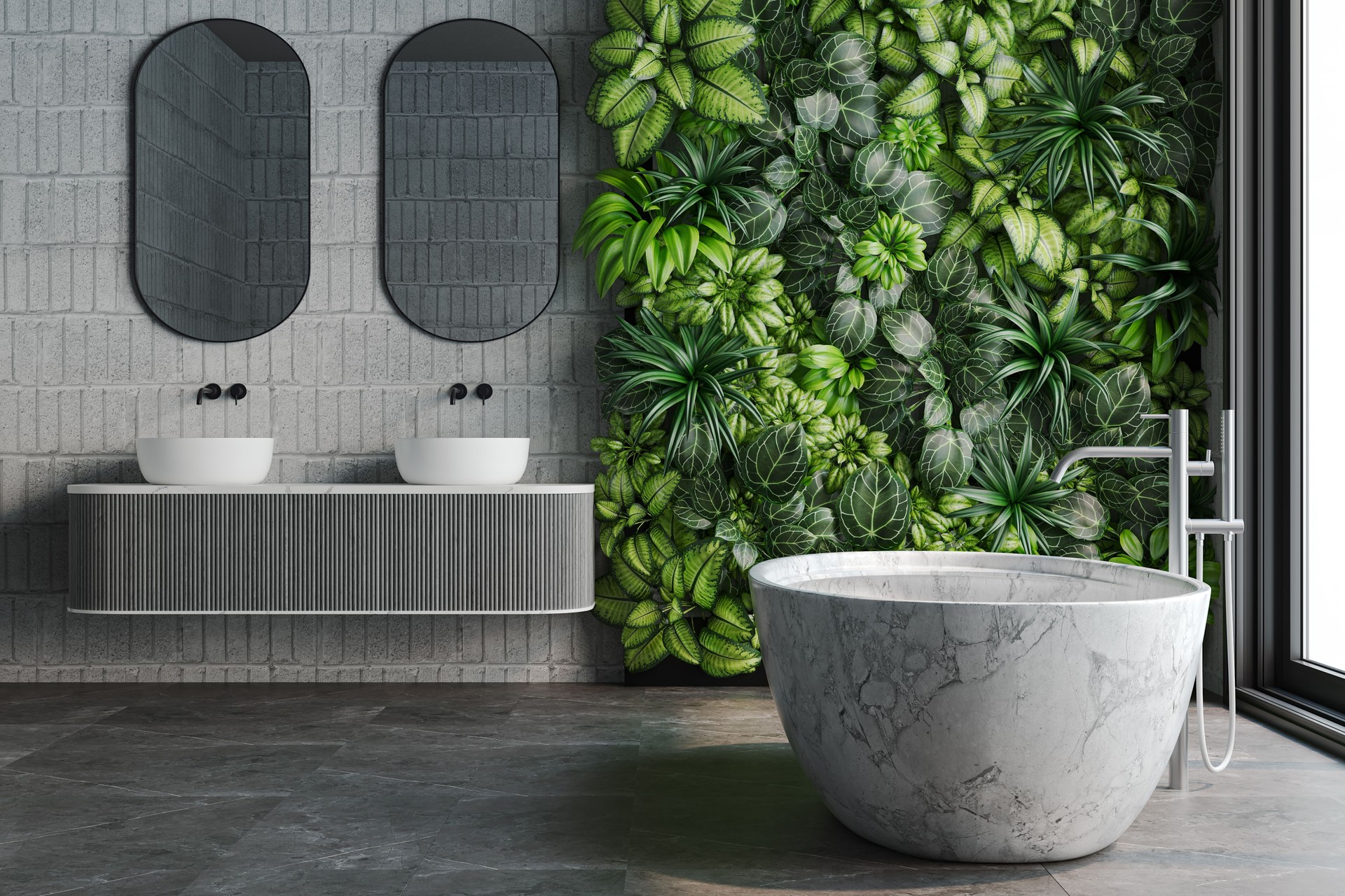 Green Brutalist Bathroom Design with Green Wall.